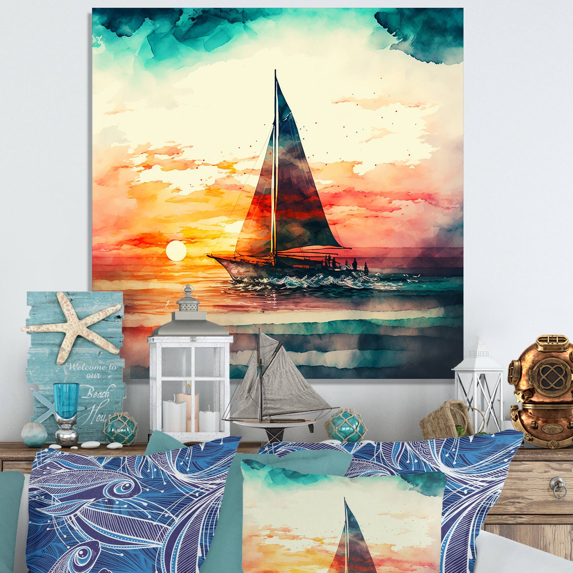 Designart "Sailboat On The Ocean Watercolor Sunset II" Coastal Boat